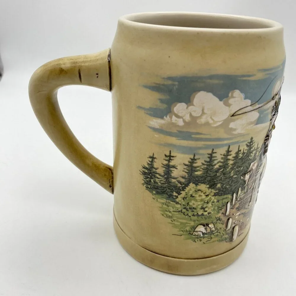 VTG German Beer stein‎ mug tankard 3D image Stage coach horses western theme